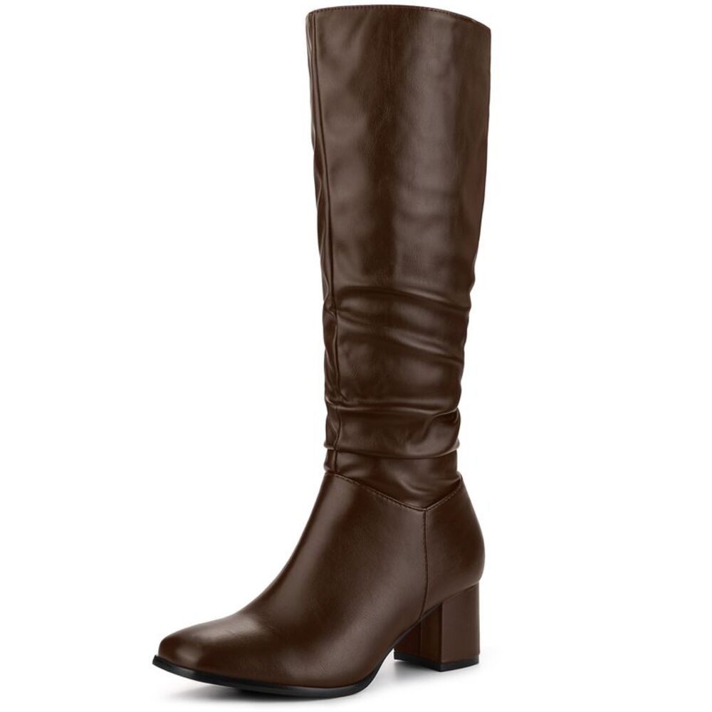 Dress Boots Square Toe Chunky Heel Brown Slouch Knee Highs Boots